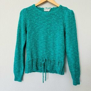 Vintage 80s green nubby texture bow tie waist fitted pullover sweater sz S-M